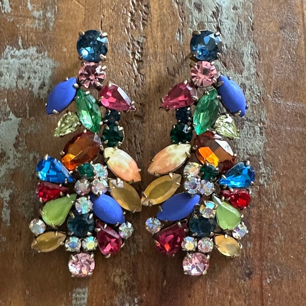 J.Crew Multicolor Crystal Statement Chandelier Earrings Rainbow Rhinestone Glam